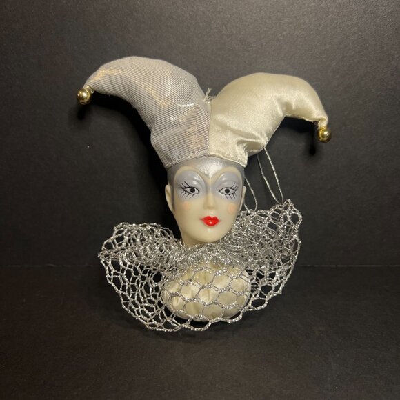 Vintage White & Silver Harlequin Jester Pierrot Clown Plastic Head Tree Ornament - Picture 2 of 5